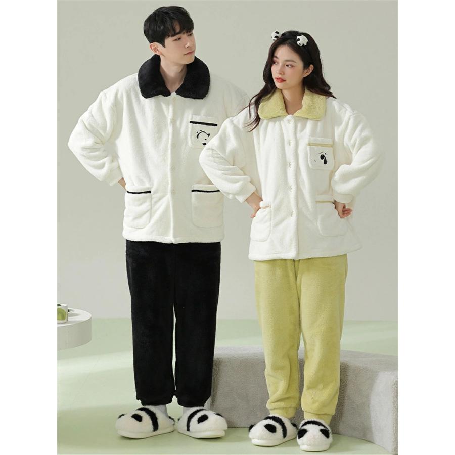ペアパジャマ 冬 モコモコ 男女2着 セット 長袖 前開き パンダ 可愛い おしゃれ カップル ペア ルームウェア ペア パジャマ 夫婦 もこもこ メンズ 秋 結婚祝い