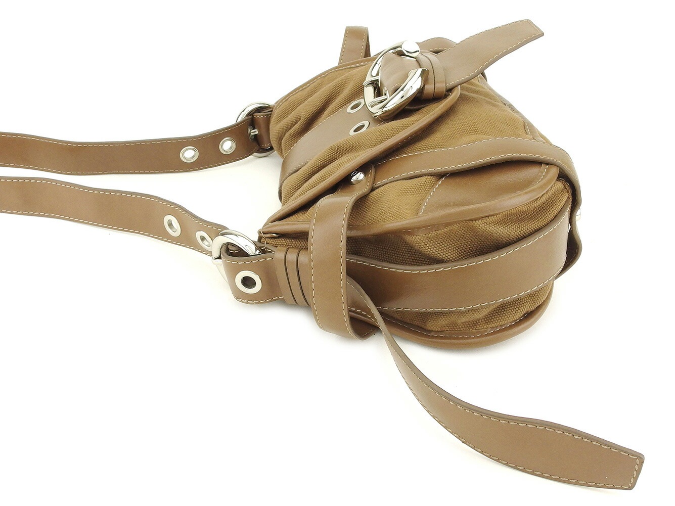 ショルダーバッグ 斜めがけショルダー バッグ ベルトデザイン ブラウン シルバー 中古 ショルダーバッグ 斜めがけショルダー バッグ ベルトデザイン ブラウン シルバー 中古