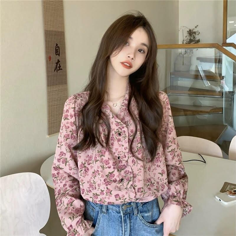 トップス シャツ シフォンシャツ レディース 長袖 Vネック シフォン フリル 花柄 ボタン 前開き ルーズ ゆったり かわいい 大人可愛い 大人かっこいい 大人女子 おしゃれ お洒落 きれいめ 上品