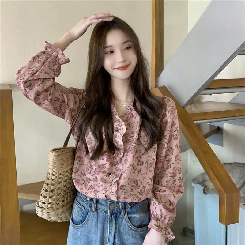 トップス シャツ シフォンシャツ レディース 長袖 Vネック シフォン フリル 花柄 ボタン 前開き ルーズ ゆったり かわいい 大人可愛い 大人かっこいい 大人女子 おしゃれ お洒落 きれいめ 上品