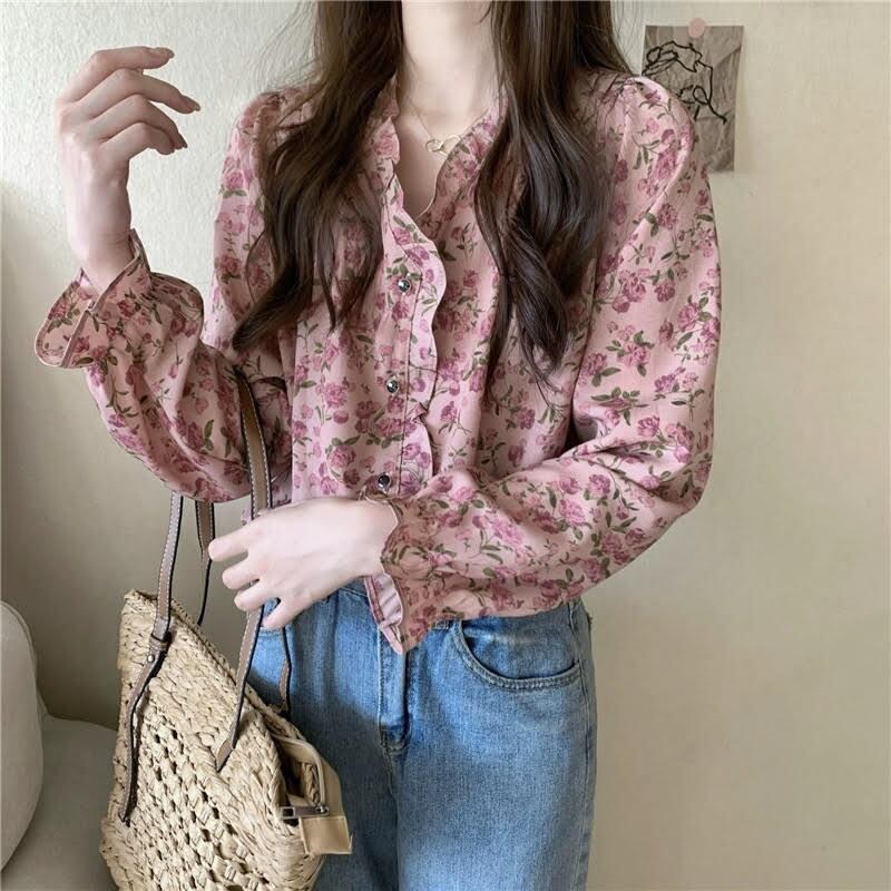 トップス シャツ シフォンシャツ レディース 長袖 Vネック シフォン フリル 花柄 ボタン 前開き ルーズ ゆったり かわいい 大人可愛い 大人かっこいい 大人女子 おしゃれ お洒落 きれいめ 上品