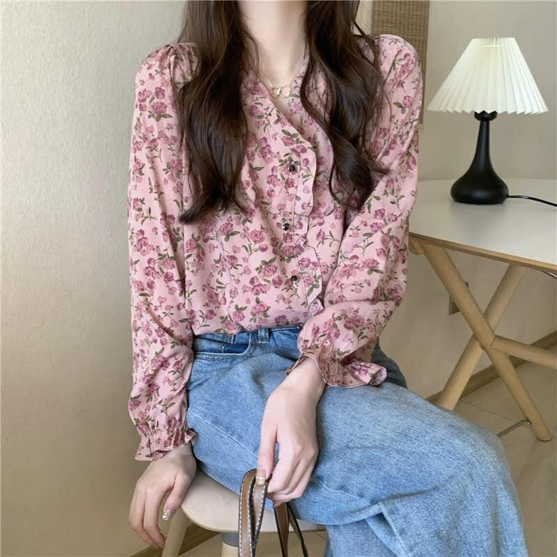 トップス シャツ シフォンシャツ レディース 長袖 Vネック シフォン フリル 花柄 ボタン 前開き ルーズ ゆったり かわいい 大人可愛い 大人かっこいい 大人女子 おしゃれ お洒落 きれいめ 上品