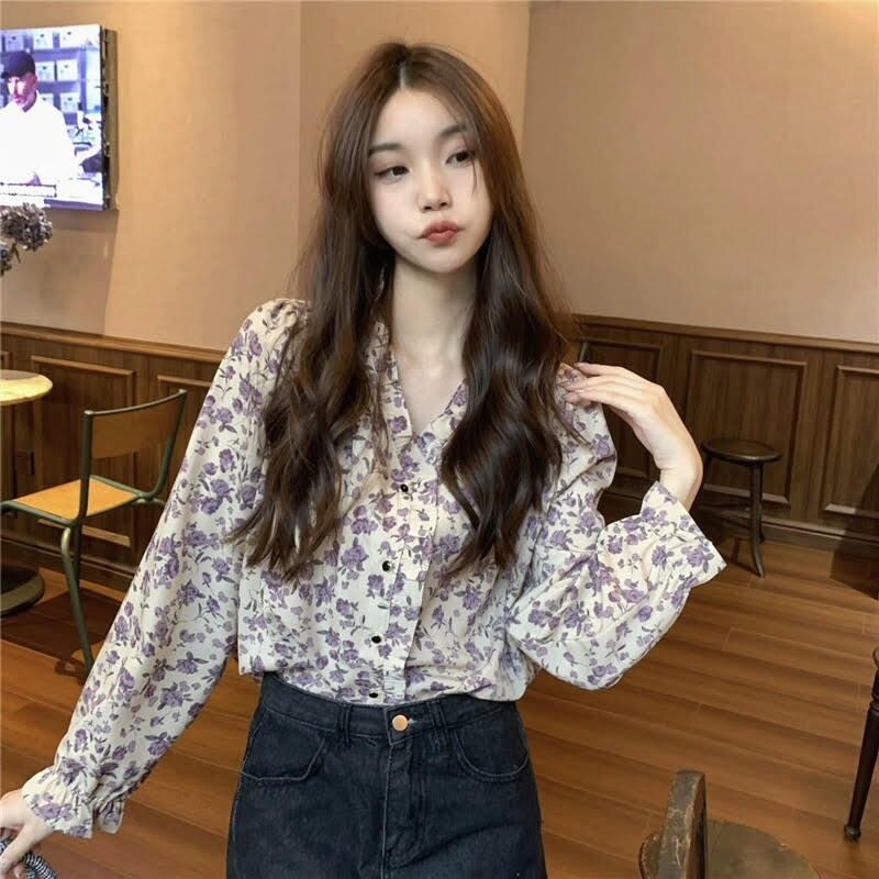 トップス シャツ シフォンシャツ レディース 長袖 Vネック シフォン フリル 花柄 ボタン 前開き ルーズ ゆったり かわいい 大人可愛い 大人かっこいい 大人女子 おしゃれ お洒落 きれいめ 上品