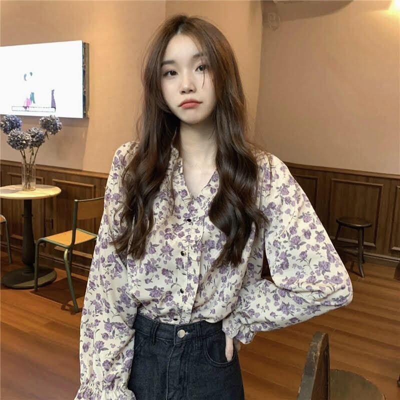 トップス シャツ シフォンシャツ レディース 長袖 Vネック シフォン フリル 花柄 ボタン 前開き ルーズ ゆったり かわいい 大人可愛い 大人かっこいい 大人女子 おしゃれ お洒落 きれいめ 上品