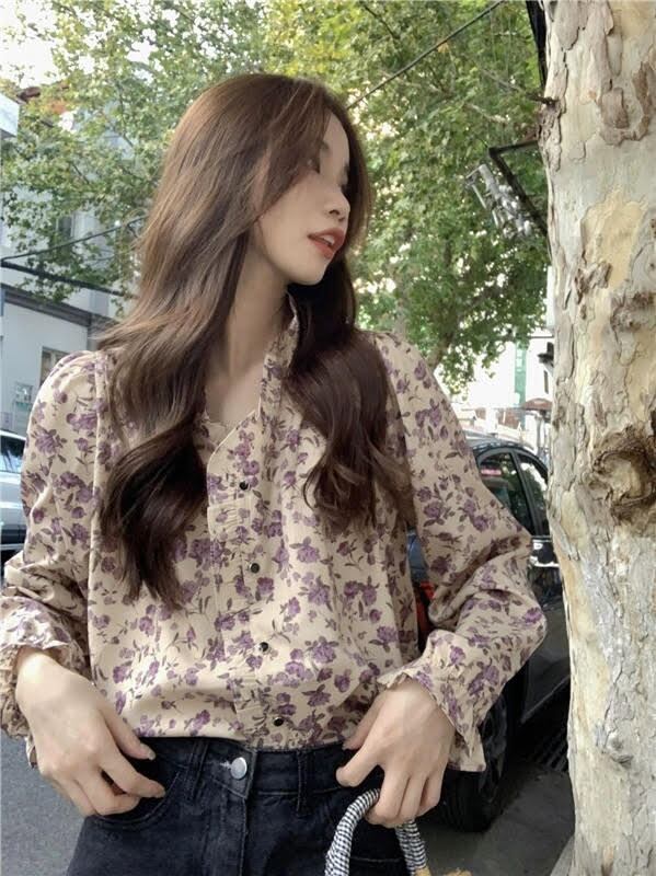 トップス シャツ シフォンシャツ レディース 長袖 Vネック シフォン フリル 花柄 ボタン 前開き ルーズ ゆったり かわいい 大人可愛い 大人かっこいい 大人女子 おしゃれ お洒落 きれいめ 上品