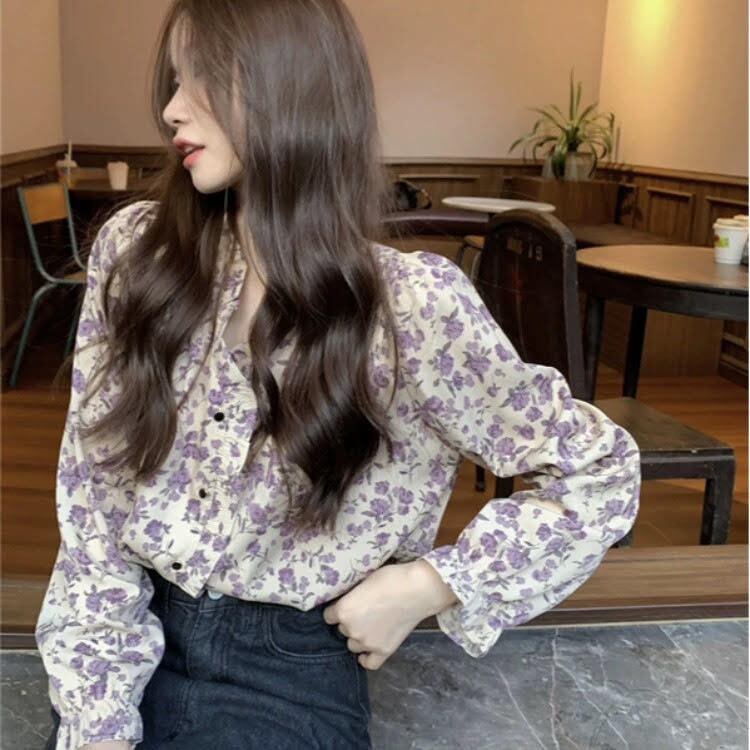 トップス シャツ シフォンシャツ レディース 長袖 Vネック シフォン フリル 花柄 ボタン 前開き ルーズ ゆったり かわいい 大人可愛い 大人かっこいい 大人女子 おしゃれ お洒落 きれいめ 上品