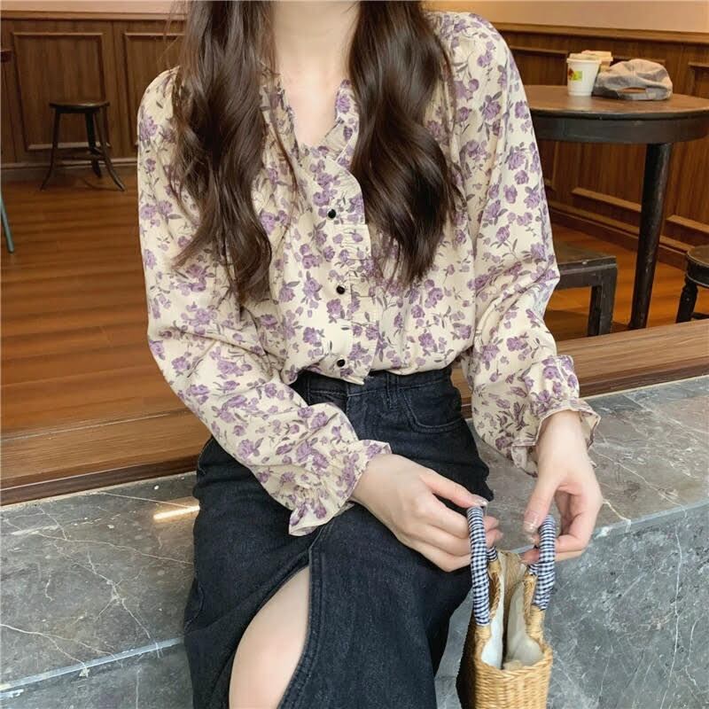 トップス シャツ シフォンシャツ レディース 長袖 Vネック シフォン フリル 花柄 ボタン 前開き ルーズ ゆったり かわいい 大人可愛い 大人かっこいい 大人女子 おしゃれ お洒落 きれいめ 上品