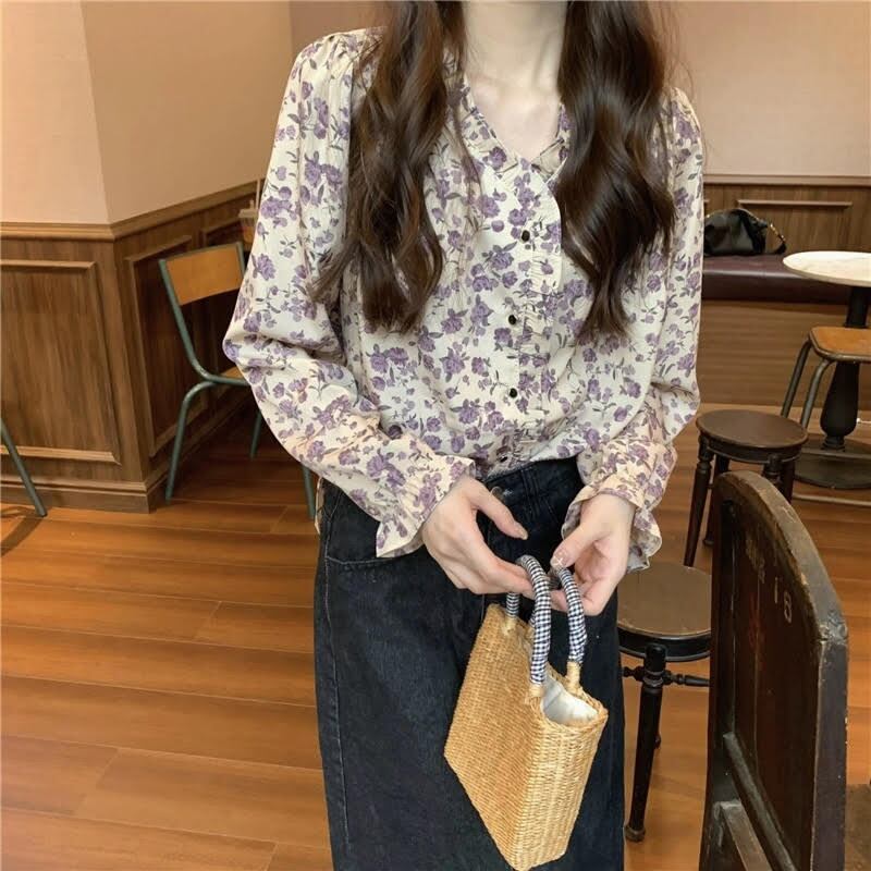 トップス シャツ シフォンシャツ レディース 長袖 Vネック シフォン フリル 花柄 ボタン 前開き ルーズ ゆったり かわいい 大人可愛い 大人かっこいい 大人女子 おしゃれ お洒落 きれいめ 上品