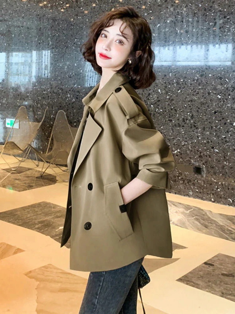 2024 人気 秋 トレンチコート 短いセクションのウィンドブレーカージャケット女性 新作 スーツカラー ロングスリーブ トップス ルーズ ジャケット