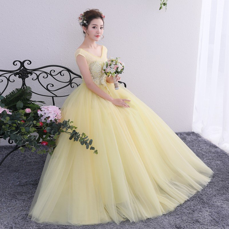 カラードレス ウェディングドレス 演奏会用ロングドレス ラベンダー 結婚式 二次会 コンサート　発表会 ピアノ イエロー