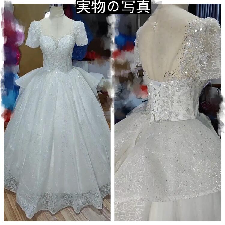 ホワイト ウェディングドレスウェディングドレス 半袖花がら Aライン 編み上げタイプ 撮影 披露宴 ホワイト ウェディングドレスウェディングドレス 半袖花がら Aライン 編み上げタイプ 撮影 披露宴