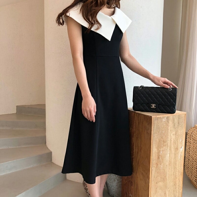 【9/25！クーポンで3,380円】 ワンピース ビッグカラー ノースリーブ きれいめ レディース vネック ミモレ バイカラー ワンピ vネックワンピース ノースリーブワンピース アシメカラー aラ mdprevattcaulkingandwaterproofing.com