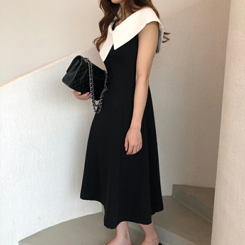 【9/25！クーポンで3,380円】 ワンピース ビッグカラー ノースリーブ きれいめ レディース vネック ミモレ バイカラー ワンピ vネックワンピース ノースリーブワンピース アシメカラー aラ mdprevattcaulkingandwaterproofing.com