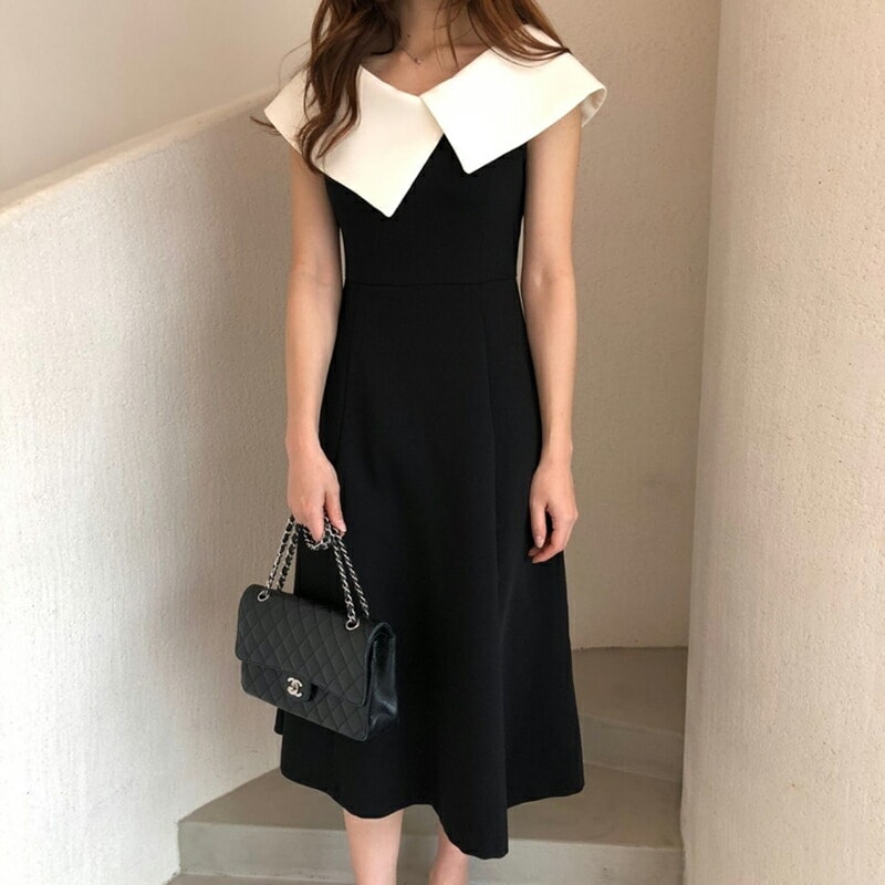 【9/25！クーポンで3,380円】 ワンピース ビッグカラー ノースリーブ きれいめ レディース vネック ミモレ バイカラー ワンピ vネックワンピース ノースリーブワンピース アシメカラー aラ mdprevattcaulkingandwaterproofing.com