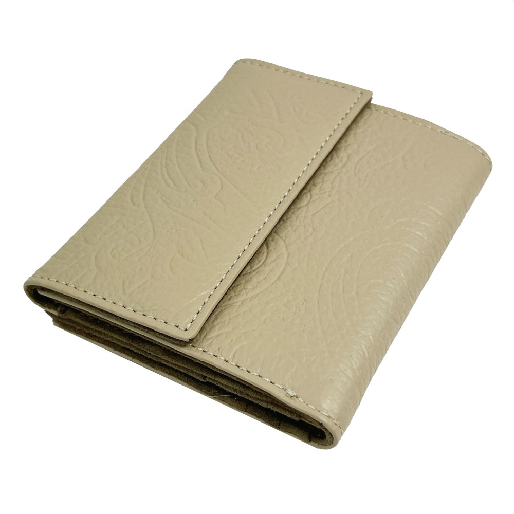 Wホック 二つ折り財布 ドル紙幣用 ペイズリー型押し レザー ベージュ系 12463 9014 7002