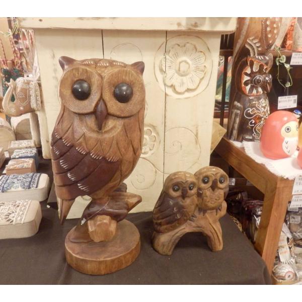 ふくろう 置物 木彫り 家内安全 フクロウ Lサイズ木像 インテリア アンティーク 店舗
