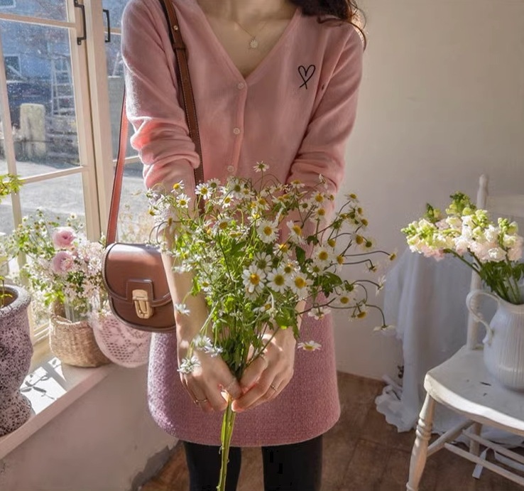 カレッジ風カーディガン ワンポイント入りニットセーター ４色展開 レディース セーター カーディガン 上着 ショート 長袖 萌袖 Vネック ストレート Iライン 刺繍 前開き ニット かわいい