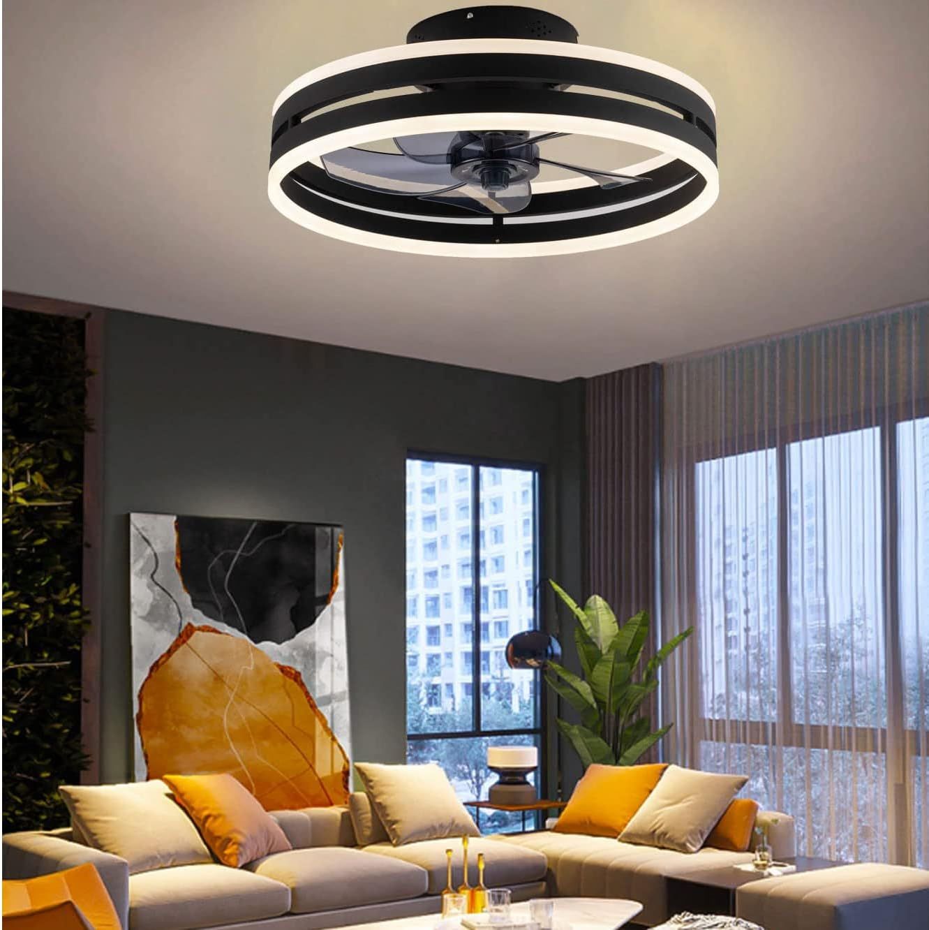 シーリングファンライト LED天井ファンライト 静音ファン付き照明 シーリングライト リモコン付き調節可能な風速 (黒 50cm)