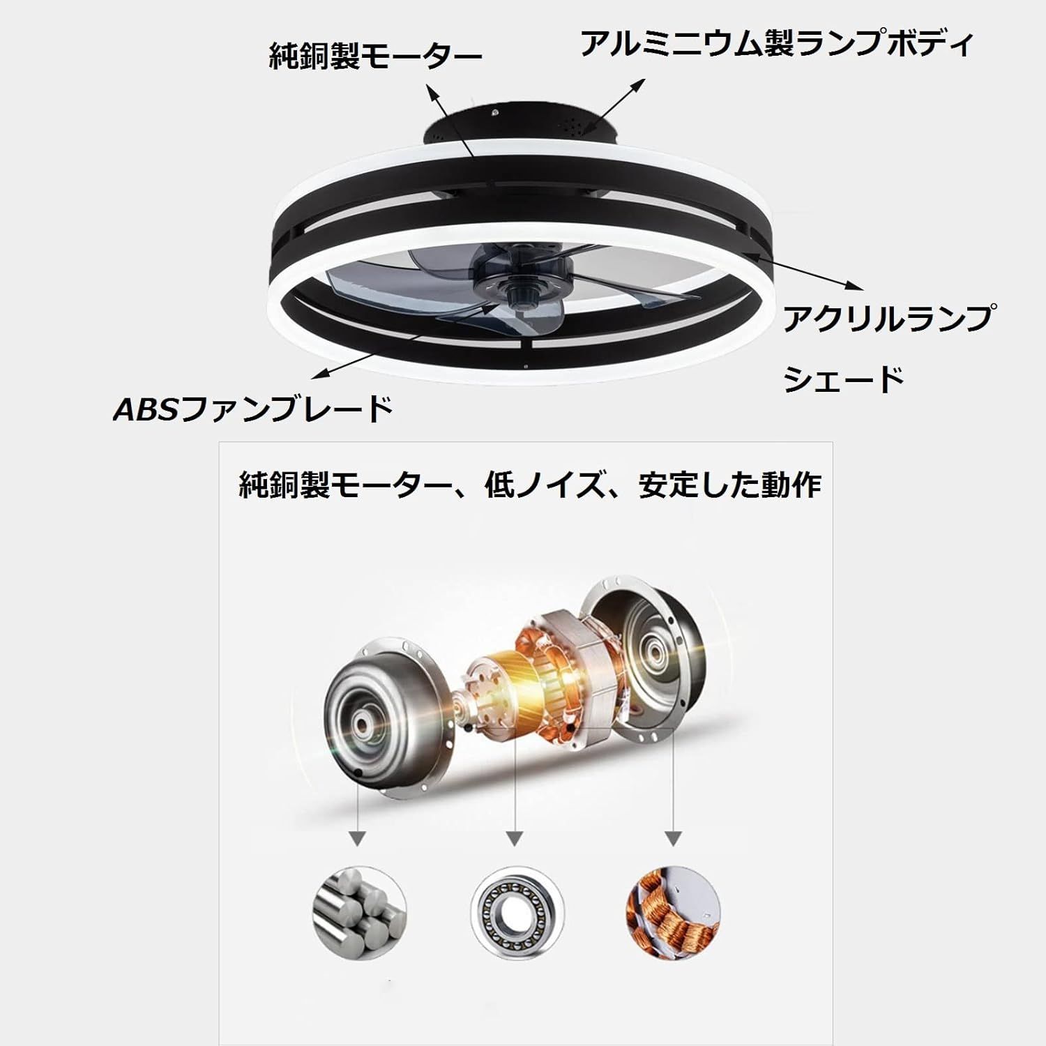 シーリングファンライト LED天井ファンライト 静音ファン付き照明 シーリングライト リモコン付き調節可能な風速 (黒 50cm)