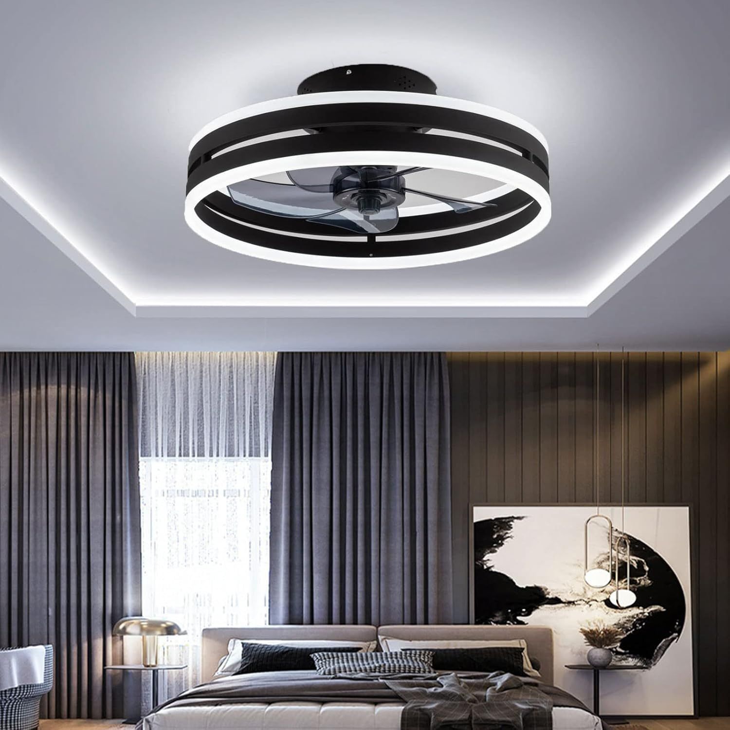 シーリングファンライト LED天井ファンライト 静音ファン付き照明 シーリングライト リモコン付き調節可能な風速 (黒 50cm)