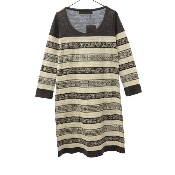 未使用 総柄 長袖 ニット ワンピース フリー グレー レディース