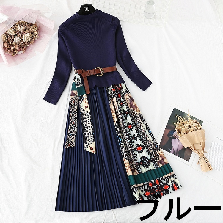 新作 レディース ワンピース ロング ロング丈 長袖 ラウンドネック Aライン プリーツ リボン 新作 レディース ワンピース ロング ロング丈 長袖 ラウンドネック Aライン プリーツ リボン