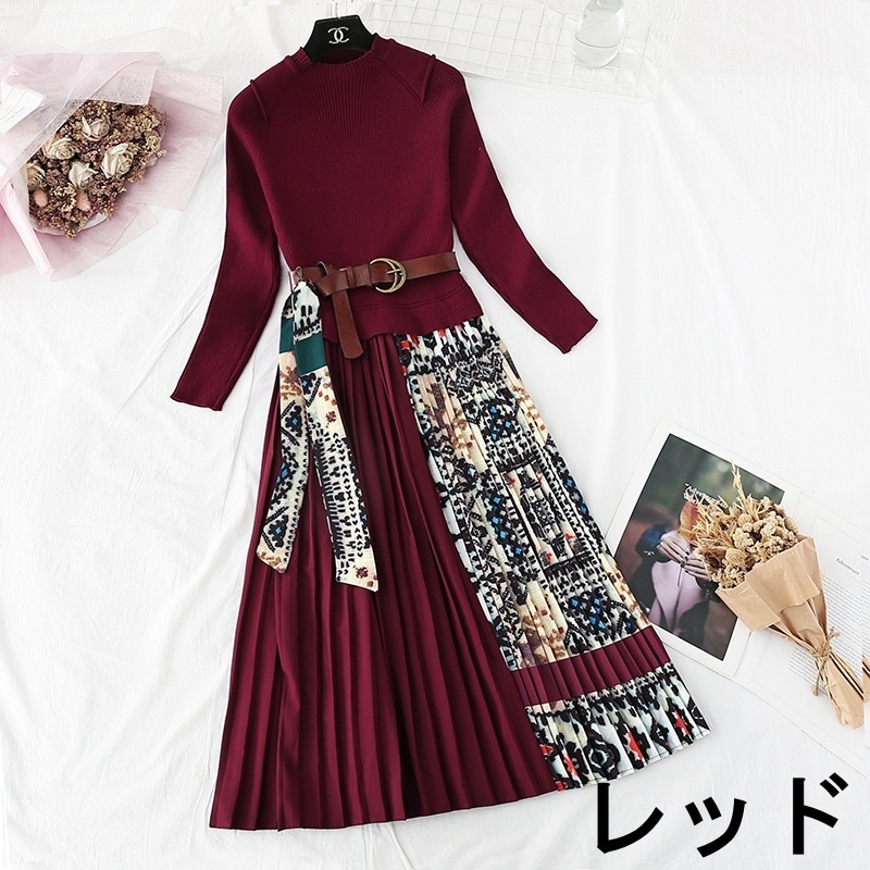 新作 レディース ワンピース ロング ロング丈 長袖 ラウンドネック Aライン プリーツ リボン 新作 レディース ワンピース ロング ロング丈 長袖 ラウンドネック Aライン プリーツ リボン