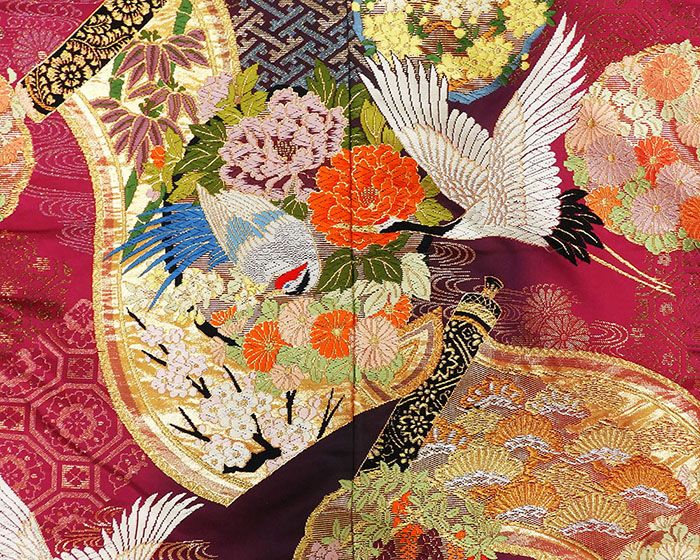 色打掛 正絹 舞鶴四季花巻物模様 打掛 美品 花嫁衣裳 婚礼 リサイクル 中古 ブライダル ウエディング 着物 e3151