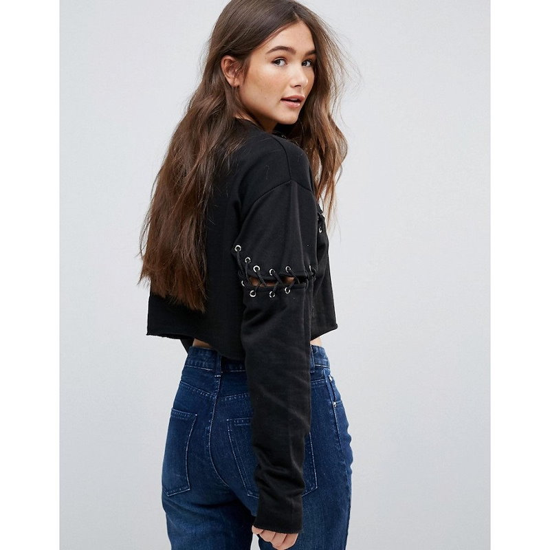 パリジャン レディース トップス【Parisian Lace Up Detail Cropped Sweat】Black パリジャン レディース トップス【Parisian Lace Up Detail Cropped Sweat】Black