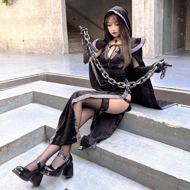 (3点セット)ハロウィン 巫女 魔女 スリット 仮装 コスプレ 衣装 セット (3点セット)ハロウィン 巫女 魔女 スリット 仮装 コスプレ 衣装 セット