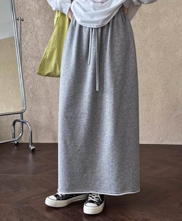 【送料無料】ブラック カラバリあり 伸縮性 落ち感 ウエストゴム ハイウエスト Aライン ロング丈 ひざ下 秋 スウェット レディース ボトムス