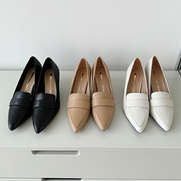 ローファー パンプス 天然牛革 プレーン ポインテッドトゥ レディース 黒 ベージュ 白