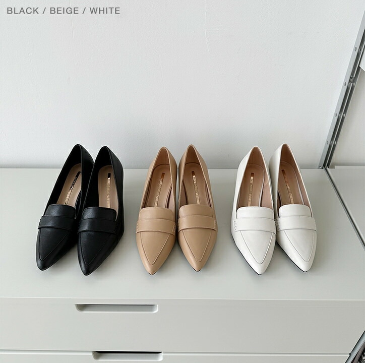 ローファー パンプス 天然牛革 プレーン ポインテッドトゥ レディース 黒 ベージュ 白