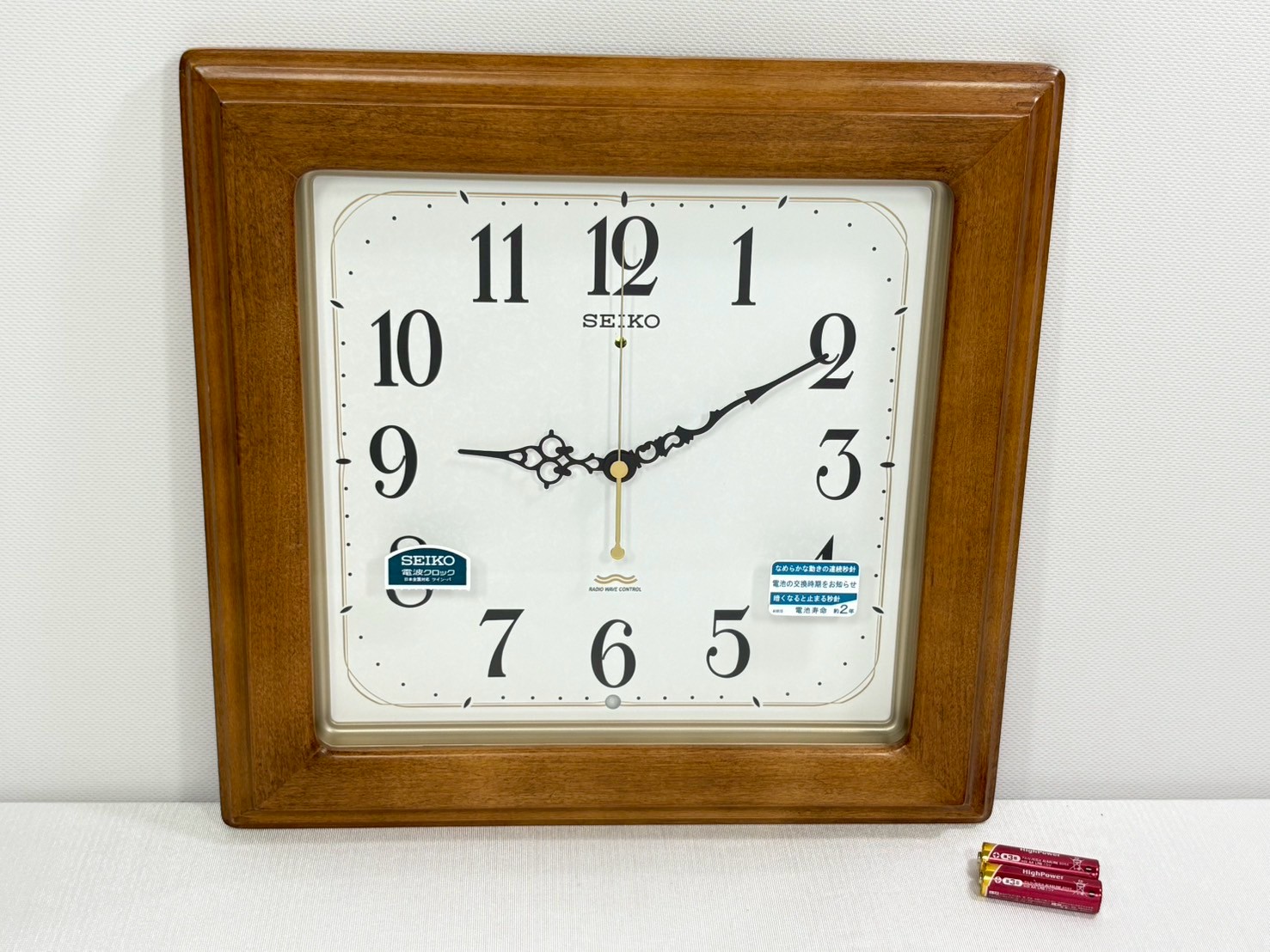 【展示品】掛け時計 電波 アナログ 四角型 木枠 茶木地 KS298B