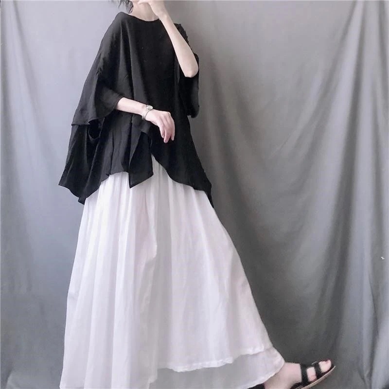 夏でも着れる！サマーニットミニマリストフラウィーイレギュラーヘムバットウィングスリーブTシャツ