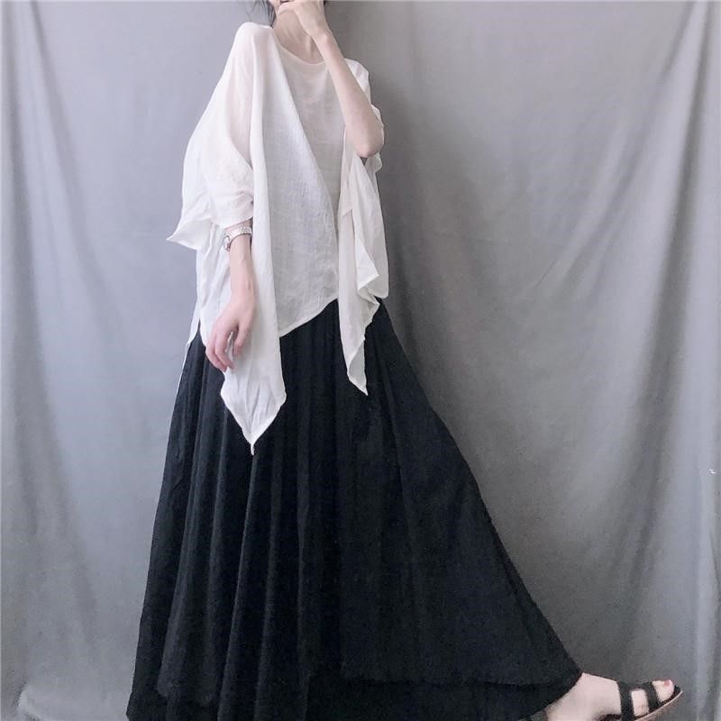 夏でも着れる！サマーニットミニマリストフラウィーイレギュラーヘムバットウィングスリーブTシャツ