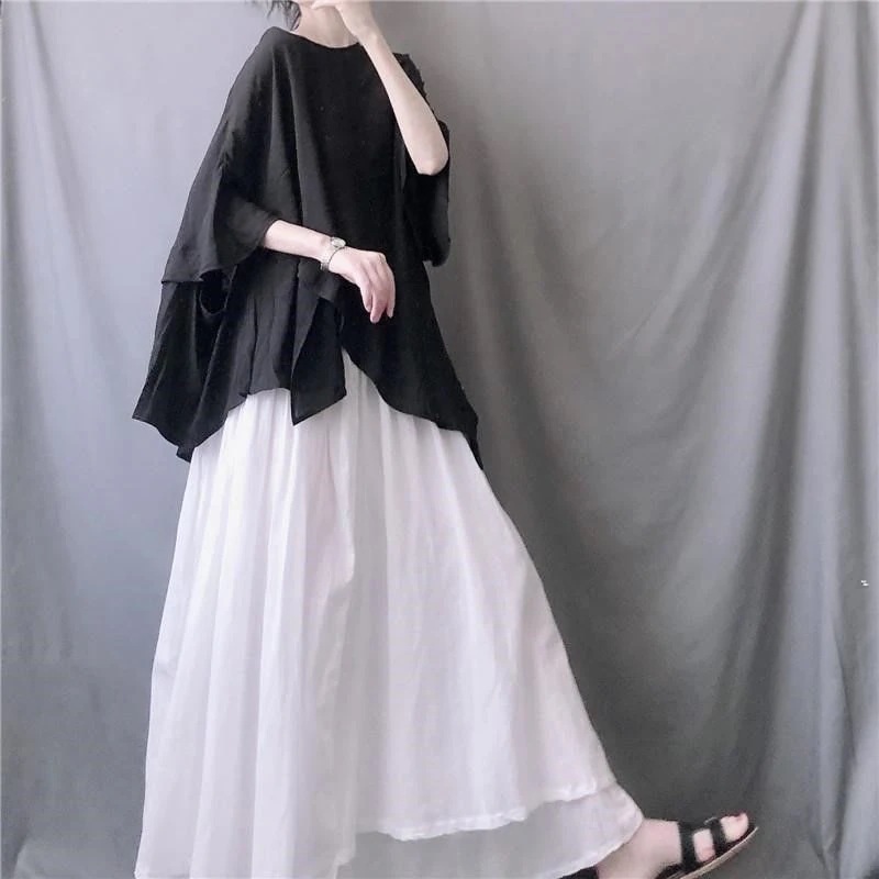 夏でも着れる！サマーニットミニマリストフラウィーイレギュラーヘムバットウィングスリーブTシャツ