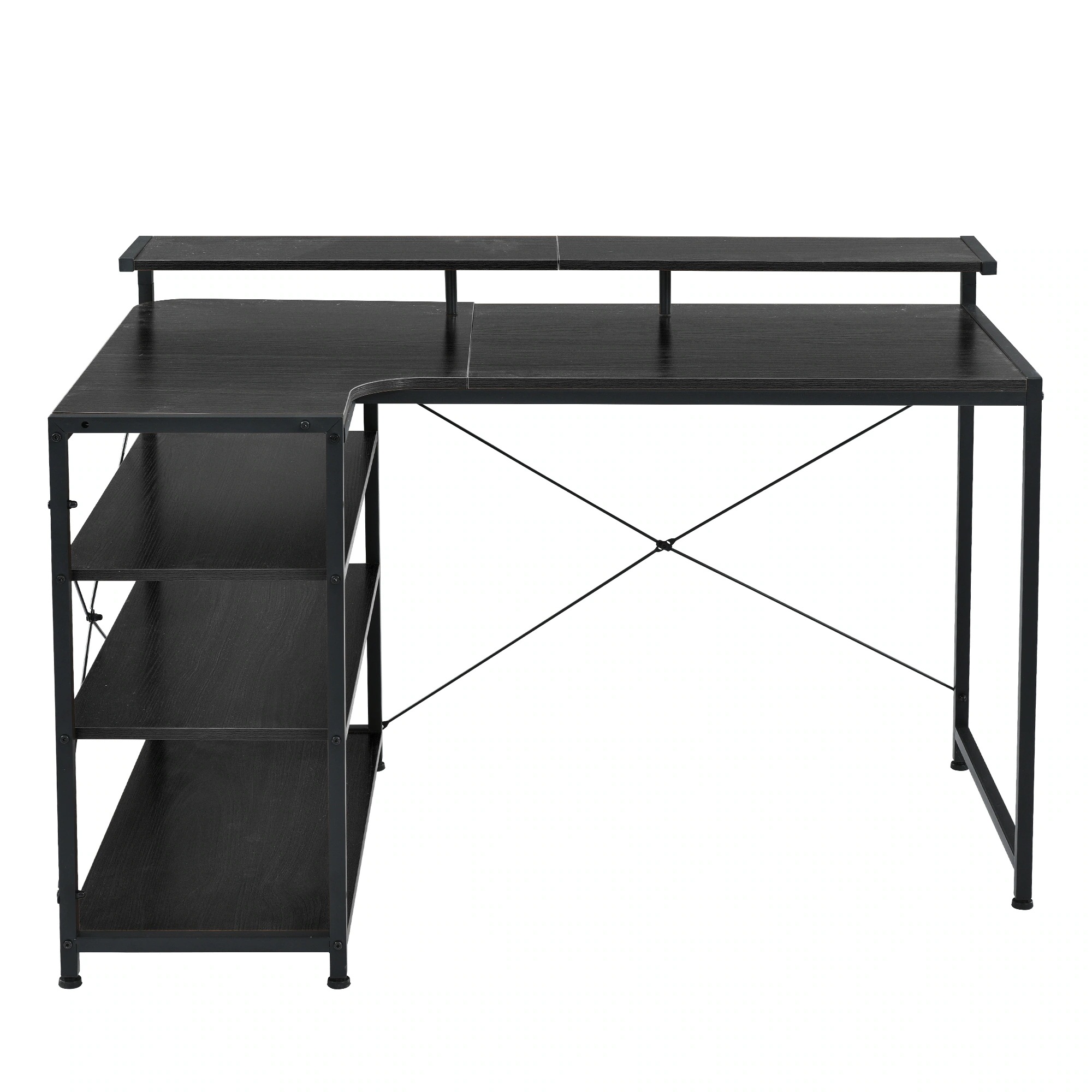 【国内発送Ｍ】984【WF301556AAAオフィスチェア+パソコンデスク セット】【人気商品改良タイプ】【ブラック】パソコンデスク L字 120cm 3段ラック付 ハイデスク付き デスク木製 ミシン