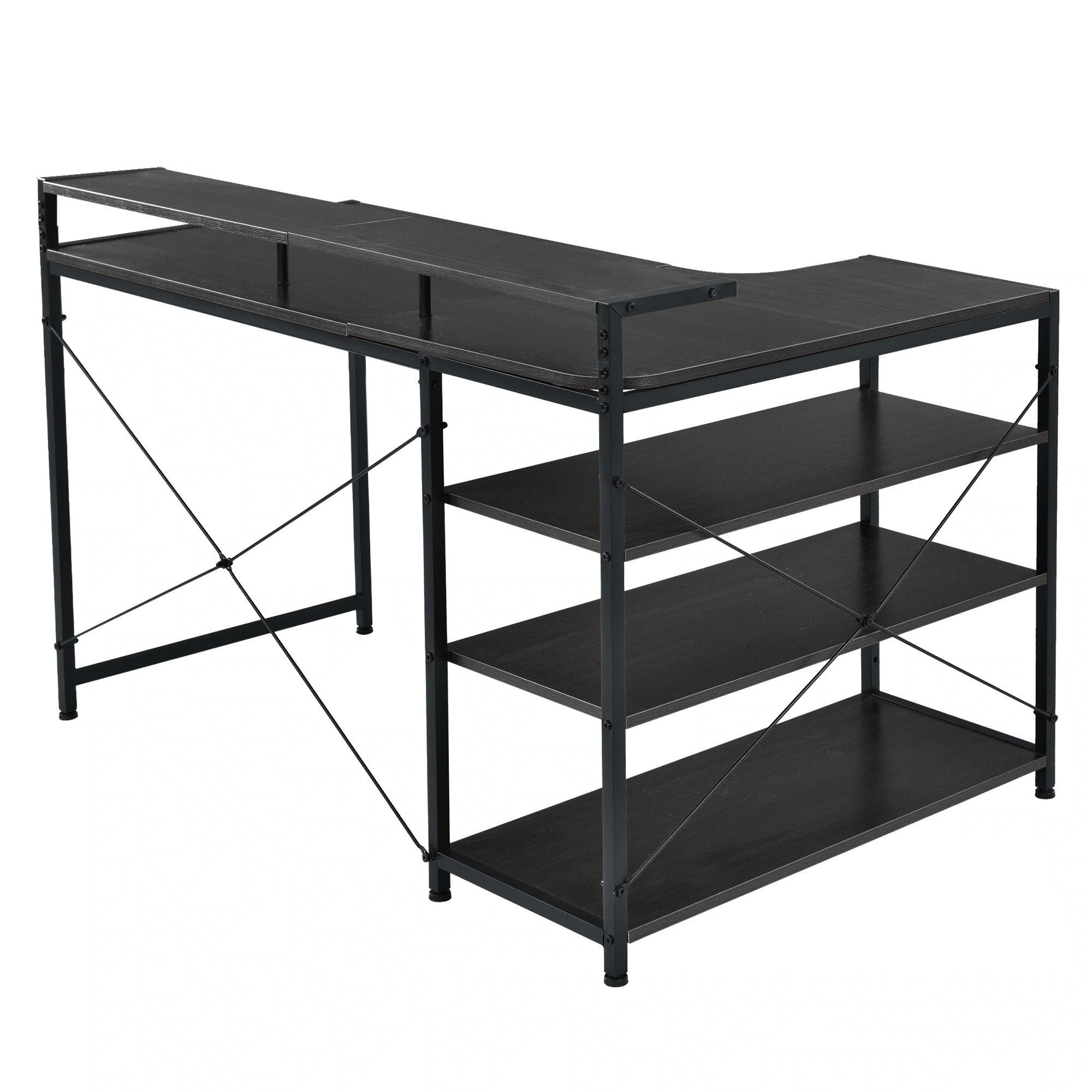 【国内発送Ｍ】984【WF301556AAAオフィスチェア+パソコンデスク セット】【人気商品改良タイプ】【ブラック】パソコンデスク L字 120cm 3段ラック付 ハイデスク付き デスク木製 ミシン