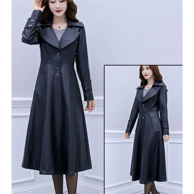 品大人気レザーコートロングコートスプリングコートライダース革ジャンレディースアウター合革バイクPU上質無地防寒防風フェイクレザー