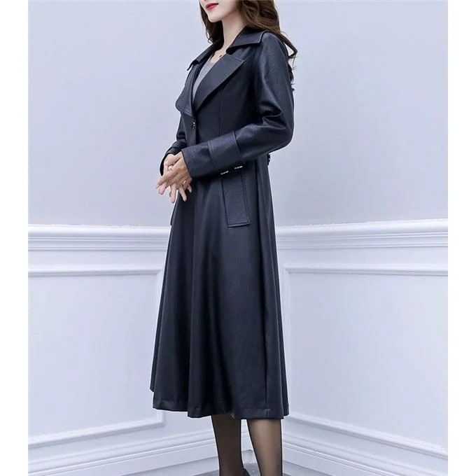 品大人気レザーコートロングコートスプリングコートライダース革ジャンレディースアウター合革バイクPU上質無地防寒防風フェイクレザー