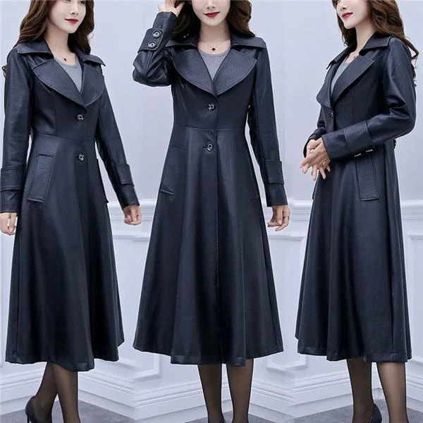 品大人気レザーコートロングコートスプリングコートライダース革ジャンレディースアウター合革バイクPU上質無地防寒防風フェイクレザー