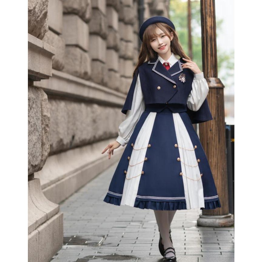 セーラー服 ロリータ服 レディース 学生 JK制服 学生服 セーラー風ジャケット ミモレ丈プリーツスカート マントジャケット ブレザー 裾フリル ロングスカート ベ