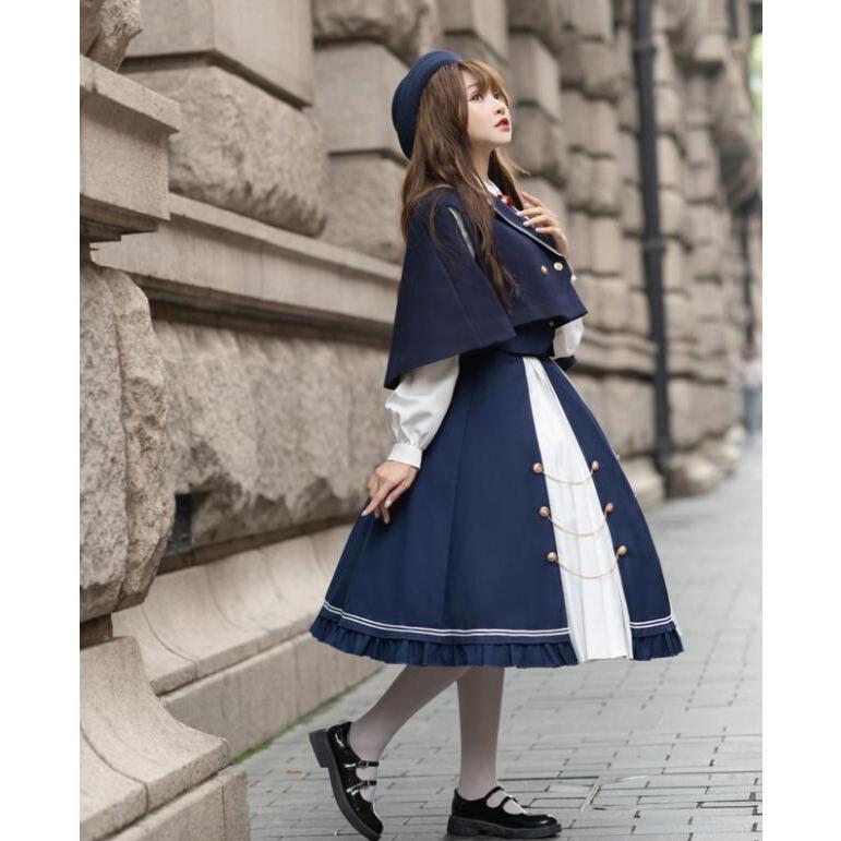 セーラー服 ロリータ服 レディース 学生 JK制服 学生服 セーラー風ジャケット ミモレ丈プリーツスカート マントジャケット ブレザー 裾フリル ロングスカート ベ