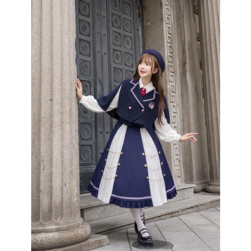 セーラー服 ロリータ服 レディース 学生 JK制服 学生服 セーラー風ジャケット ミモレ丈プリーツスカート マントジャケット ブレザー 裾フリル ロングスカート ベ
