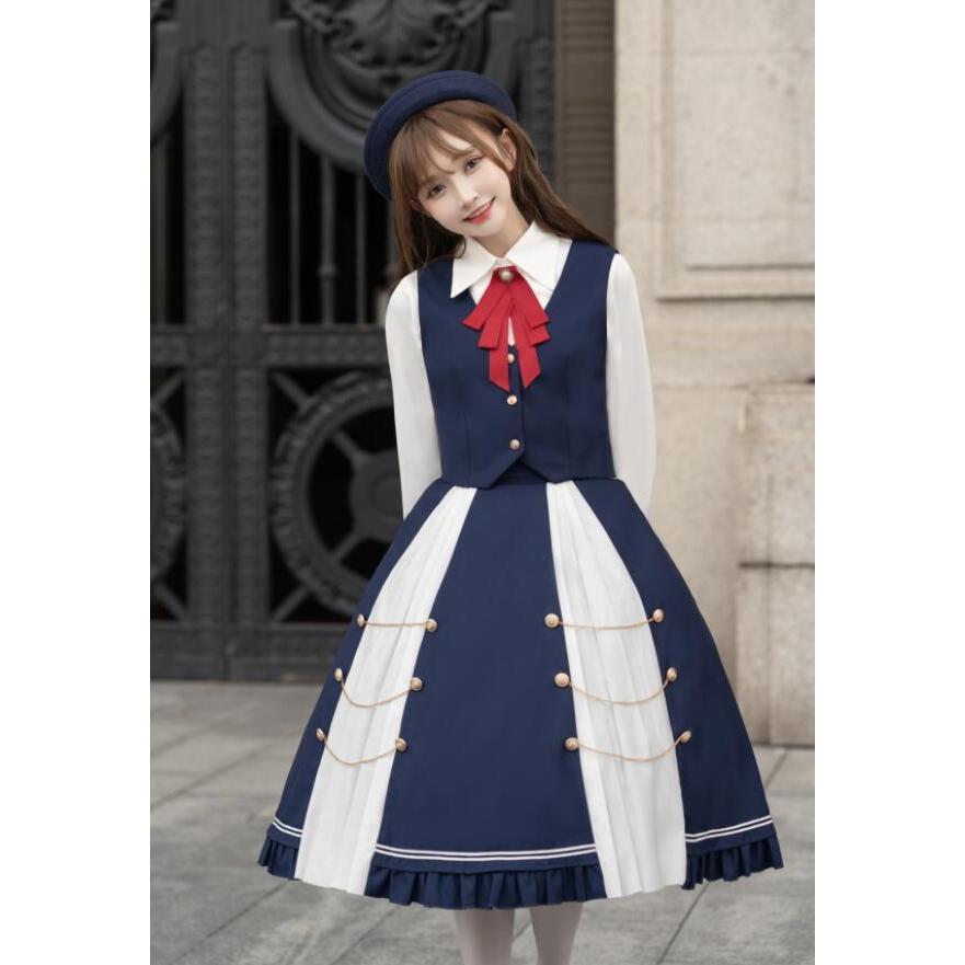 セーラー服 ロリータ服 レディース 学生 JK制服 学生服 セーラー風ジャケット ミモレ丈プリーツスカート マントジャケット ブレザー 裾フリル ロングスカート ベ