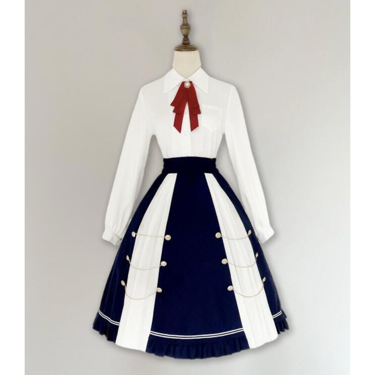 セーラー服 ロリータ服 レディース 学生 JK制服 学生服 セーラー風ジャケット ミモレ丈プリーツスカート マントジャケット ブレザー 裾フリル ロングスカート ベ