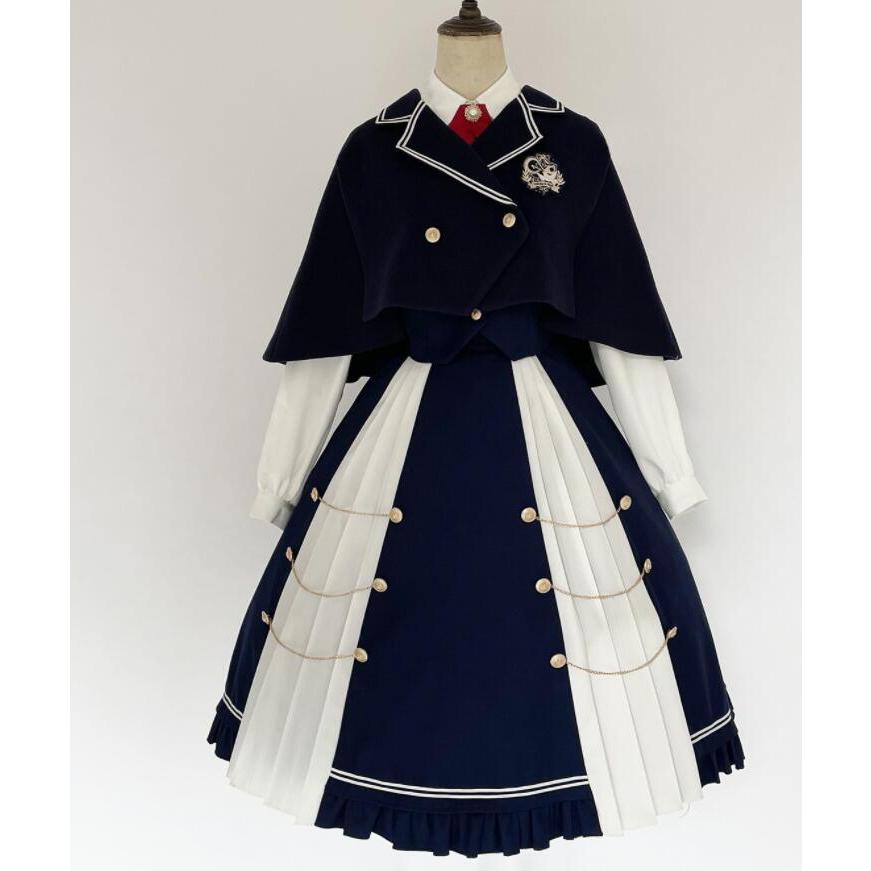 セーラー服 ロリータ服 レディース 学生 JK制服 学生服 セーラー風ジャケット ミモレ丈プリーツスカート マントジャケット ブレザー 裾フリル ロングスカート ベ