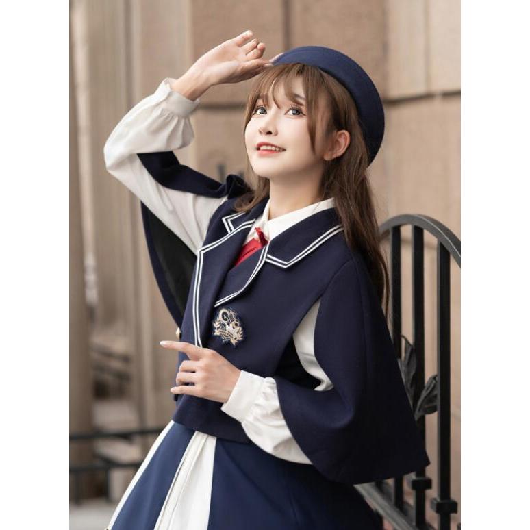 セーラー服 ロリータ服 レディース 学生 JK制服 学生服 セーラー風ジャケット ミモレ丈プリーツスカート マントジャケット ブレザー 裾フリル ロングスカート ベ