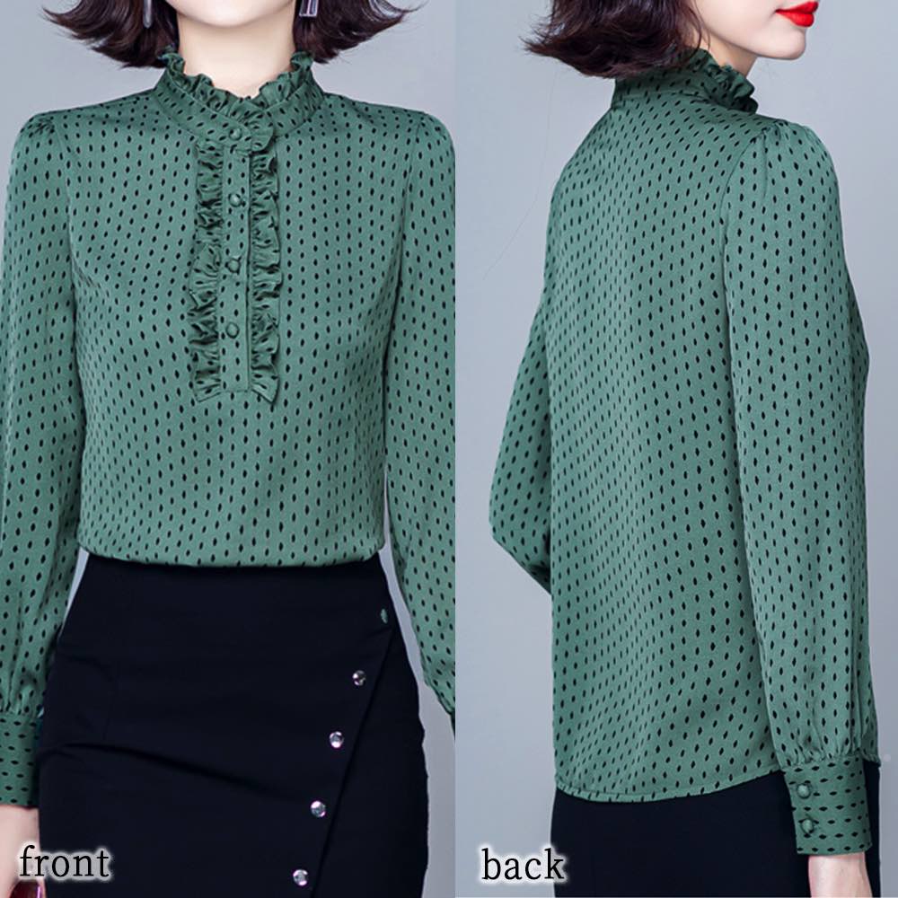 ブラウス レディース ドット柄フリルブラウス 事務服 フリル 高品質 Tシャツ 春 スーツ ボウタイ ワンピース 人気 ノーアイロン 秋 きれいめ 白 オフィス 50代 冬 安い ブランド 長袖 シャ